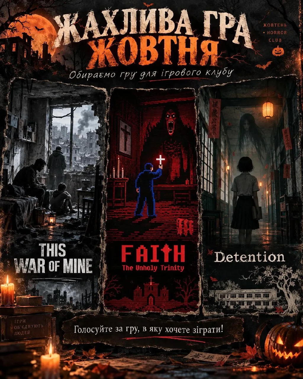 🎃 ЖАХЛИВА ГРА ЖОВТНЯ - ОБИРАЄМО!


Цього місяця в нашому ігровому клубі обираємо одну з трьох моторошних ігор!



🗳️ Обираємо одну гру, проходимо її протягом жовтня, а наприкінці зустрічаємося в ігровому клубі, щоб обговорити сюжет, філософію та власні враження!